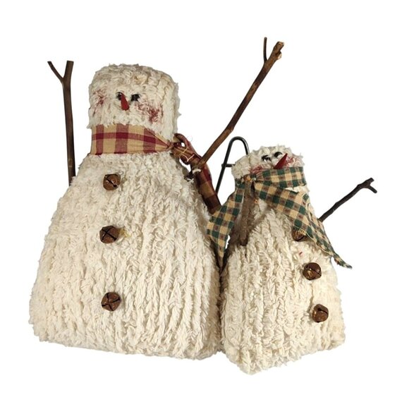 Vintage Honey & Me Cloth Snowman Figurines Set Of 2 W/Plaid Scarves & Twig Arms - Picture 1 of 13